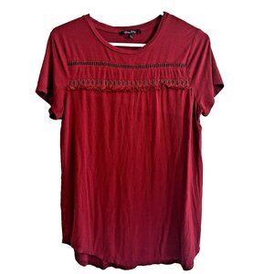 Womens M Medium Olivia Sky Dark Red Short Sleeve See Through Open Accent Top